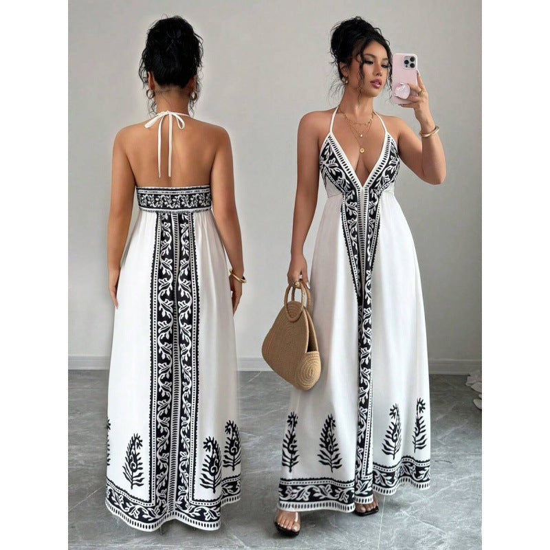 Printed V-neck Backless Long Slip Dress