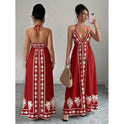 Printed V-neck Backless Long Slip Dress