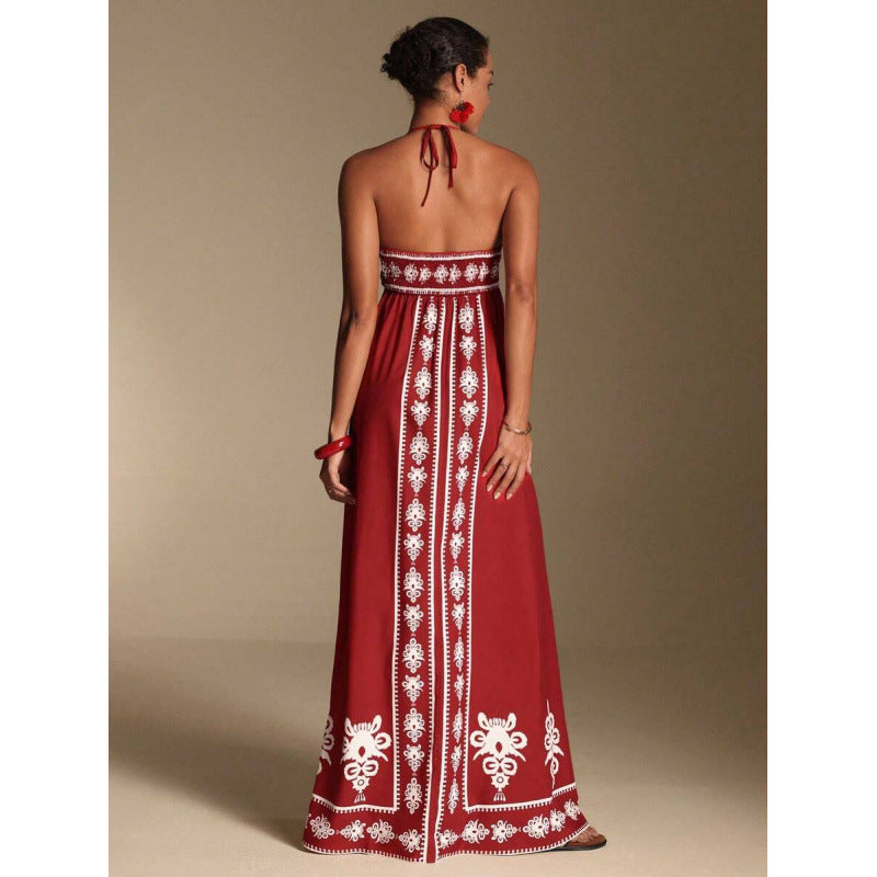Printed V-neck Backless Long Slip Dress