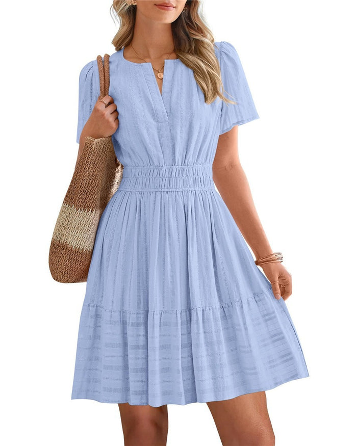 2026 Hot Sale Spring Summer Women's Solid Color V Neck Ruched Puff Sleeve Short Dress