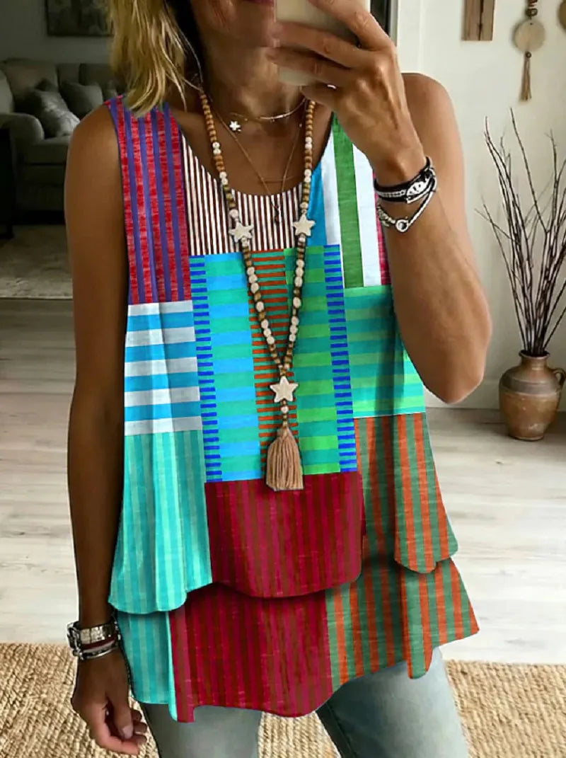 Printed Geometric Casual Sleeveless Crew-Neck Womens T-Shirt