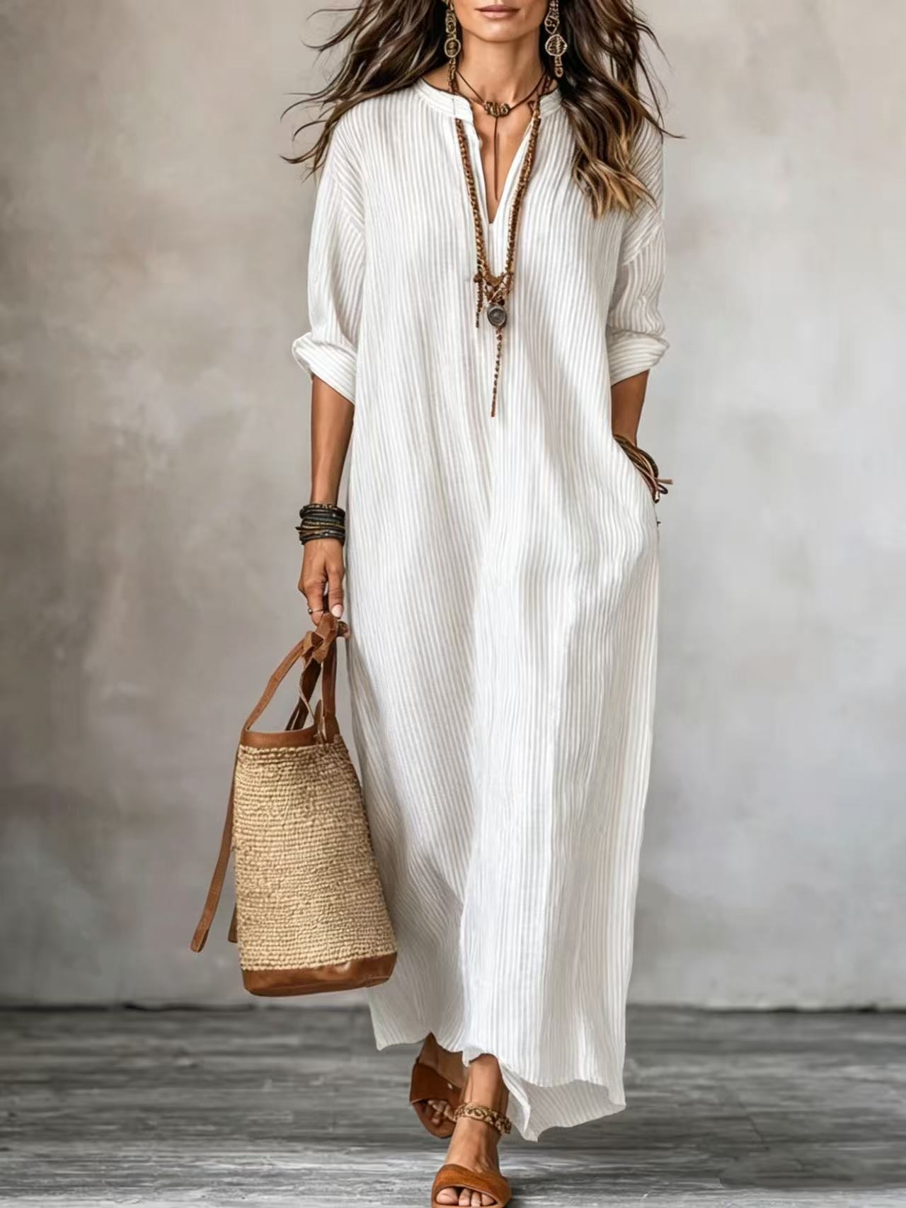 Fashionable V-neck Striped Loose-fit Dress