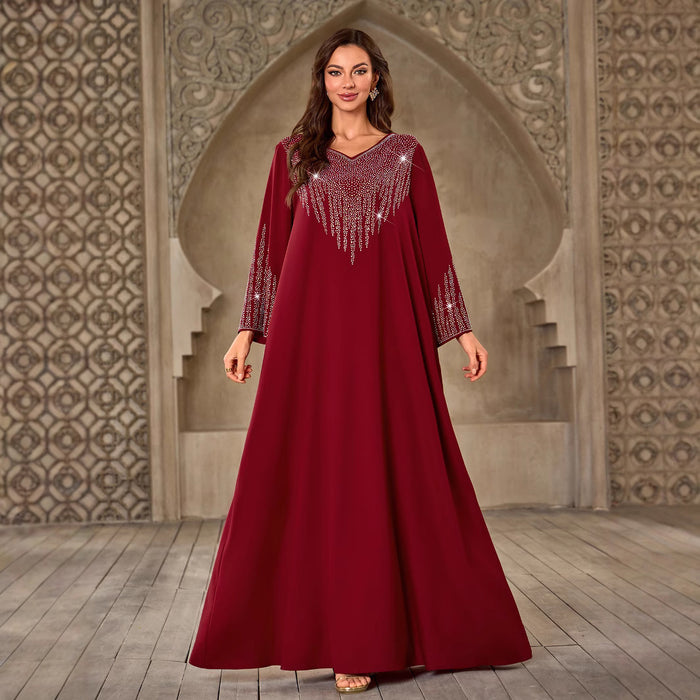 Wine Red Rhinestone V-Neck Dubai Maxi Dress Bell Sleeve S-XXL