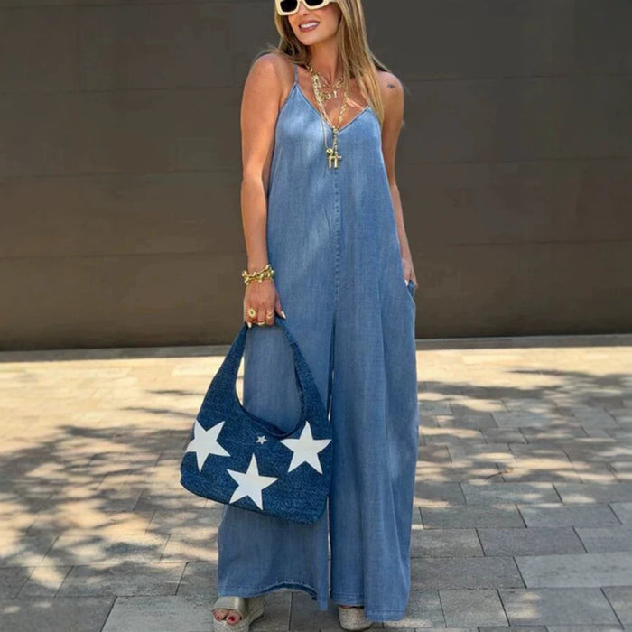 Fashionable Casual Slim-fit Relaxed-fit Washed Strap Denim Straight-leg Jumpsui