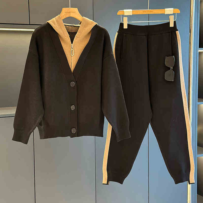 Black Camel Contrast Knit 2-Piece Tracksuit Hooded Cardigan Jogger