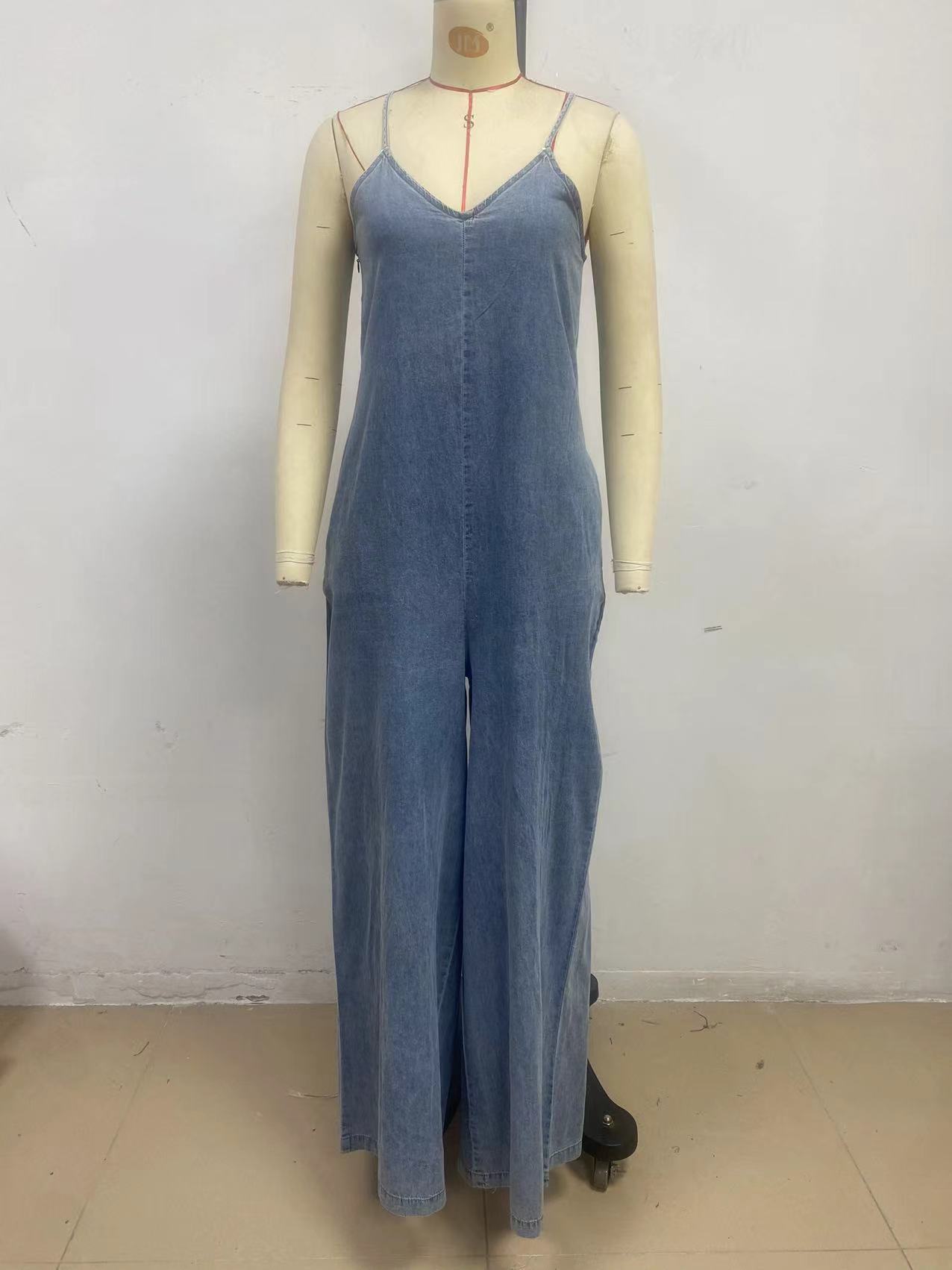 Fashionable Casual Slim-fit Relaxed-fit Washed Strap Denim Straight-leg Jumpsui