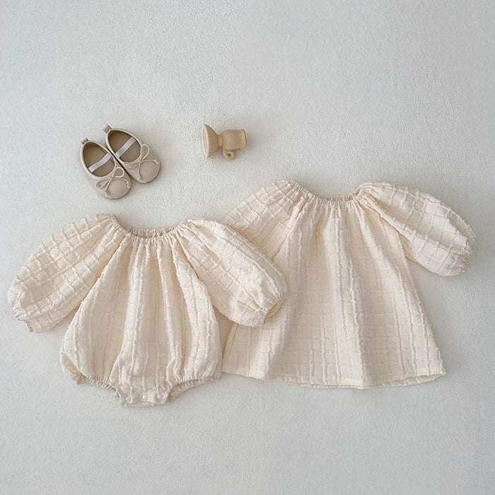 Cream Waffle Puff Sleeve Baby Romper & Top Sibling Set