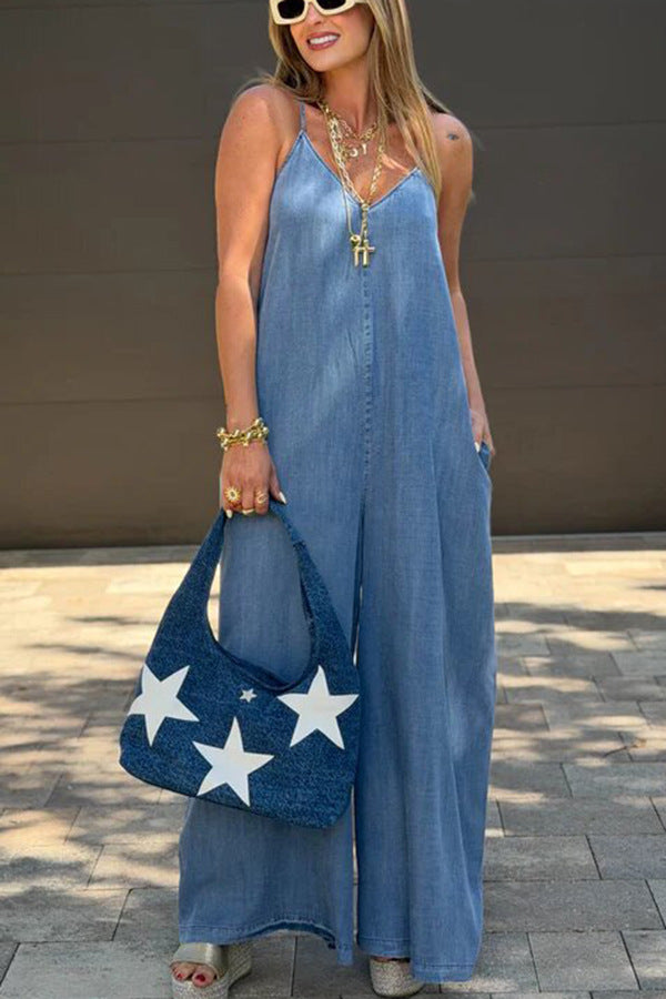Fashionable Casual Slim-fit Relaxed-fit Washed Strap Denim Straight-leg Jumpsui