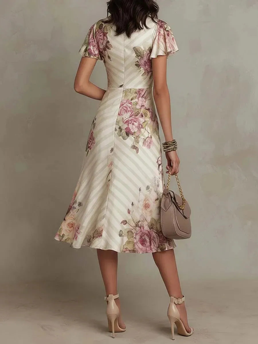 Printed V-neck Defined Waistline Ruffled Hem Dress