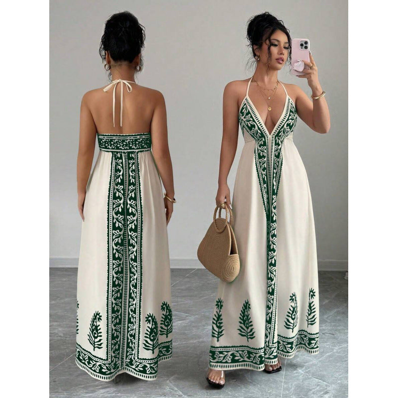 Printed V-neck Backless Long Slip Dress