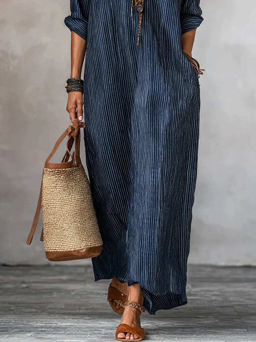 Fashionable V-neck Striped Loose-fit Dress