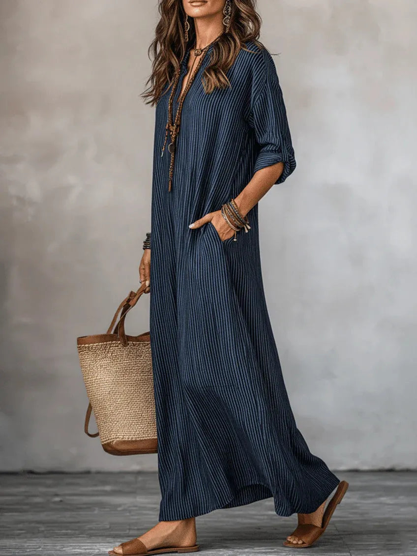 Fashionable V-neck Striped Loose-fit Dress
