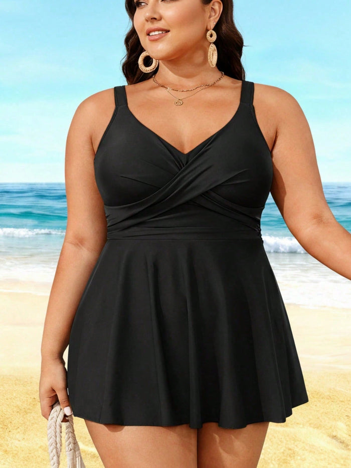 2026 Elegant Plus Size Swim Dress - Black Cross-Front Design, Flared Silhouette, Modest Beach & Pool Swimwear
