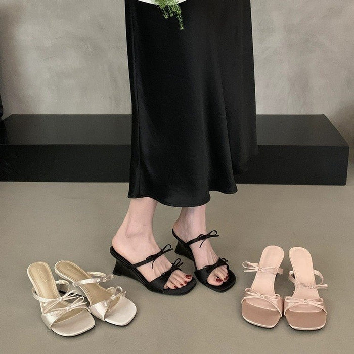 2026 Summer French Double Bow Open-toe Elegant Wedge Heel Women's Outdoor Slippers