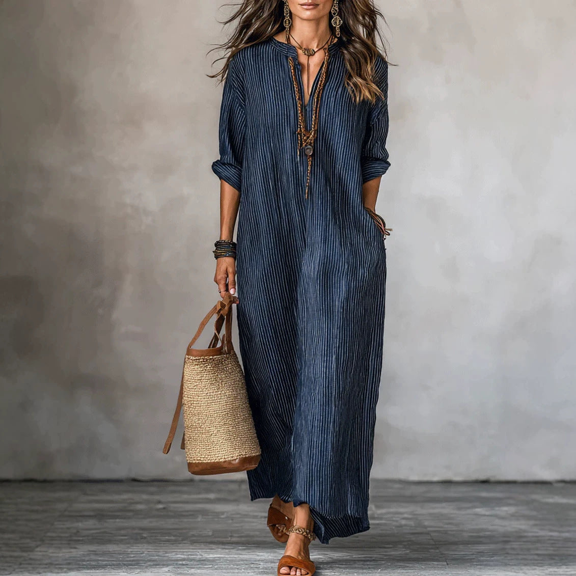 Fashionable V-neck Striped Loose-fit Dress