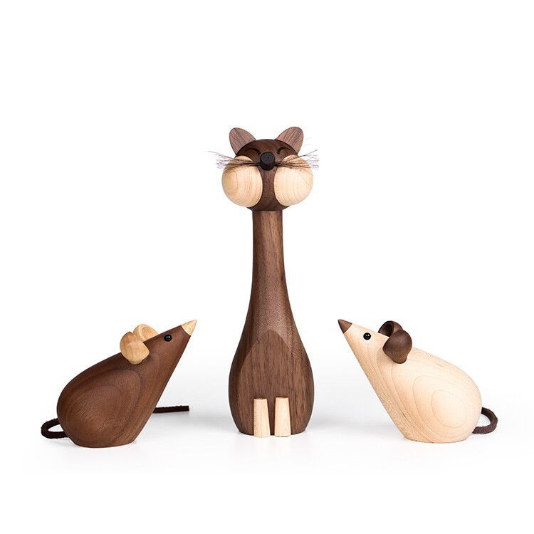 Nordic Home Decoration | Wooden Cat & Mouse Figurine Set — Minimalist Desk Decor