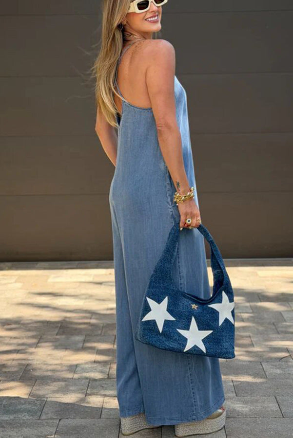 Fashionable Casual Slim-fit Relaxed-fit Washed Strap Denim Straight-leg Jumpsui