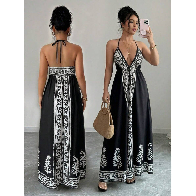 Printed V-neck Backless Long Slip Dress