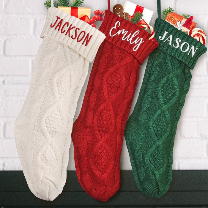 Embroidered Knitted Christmas Stocking | Decorative Acrylic Xmas Sock — Red, Green, White & Grey