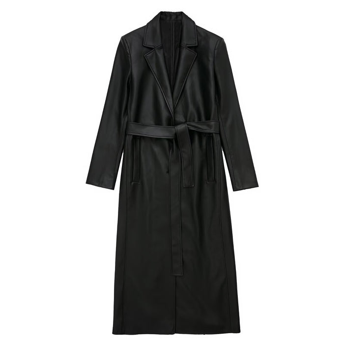 Black PU Faux Leather Belted Longline Coat Women's XS-L