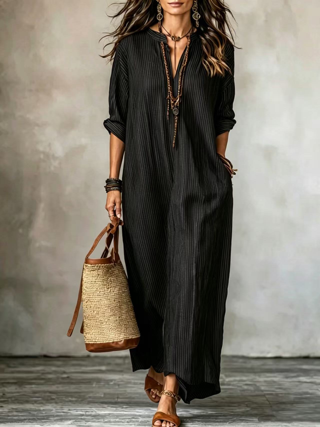 Fashionable V-neck Striped Loose-fit Dress