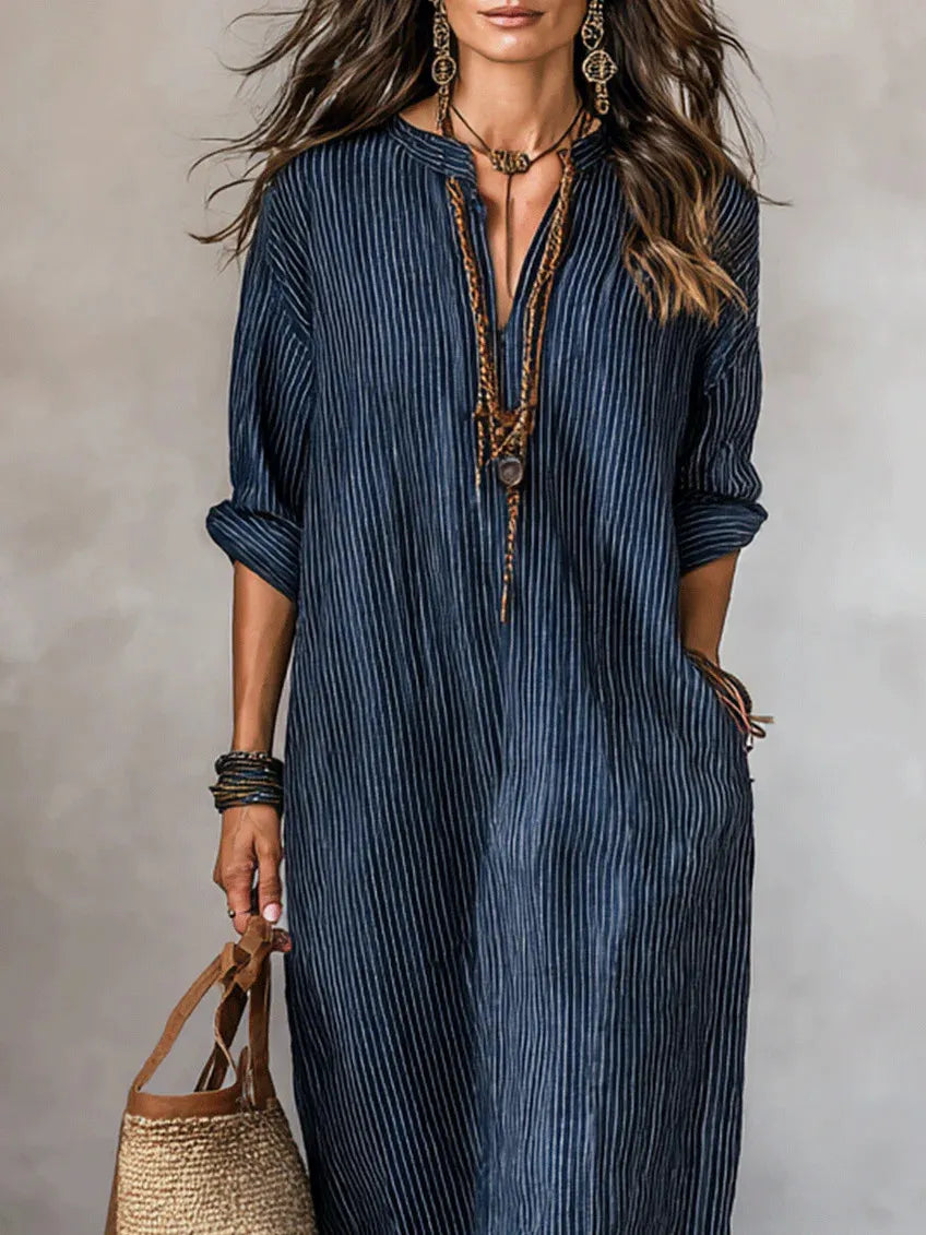 Fashionable V-neck Striped Loose-fit Dress