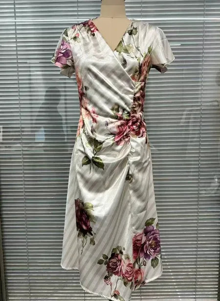 Printed V-neck Defined Waistline Ruffled Hem Dress
