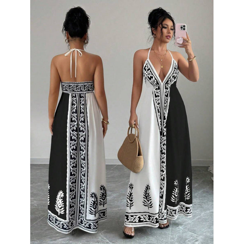 Printed V-neck Backless Long Slip Dress