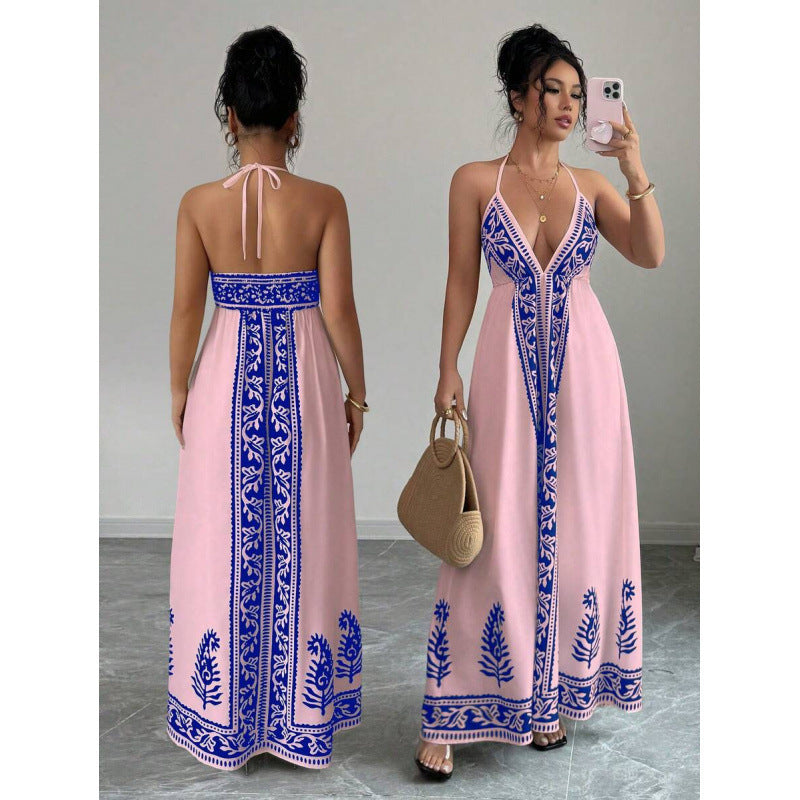 Printed V-neck Backless Long Slip Dress