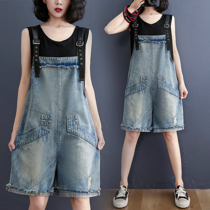 Women's Denim Dungaree Shorts Frayed Hem Adjustable Straps