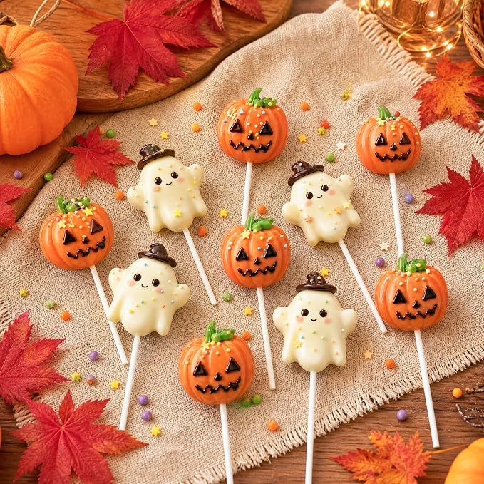 Halloween Pumpkin Ghost Cake Lollipop Mold Set - Silicone DIY Baking Press Tools for Cupcake Decoration Party Supplies