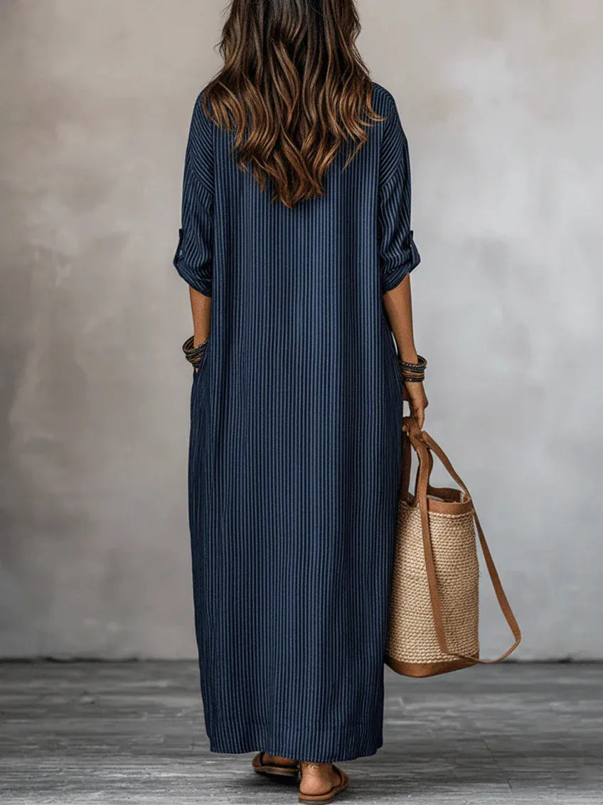 Fashionable V-neck Striped Loose-fit Dress