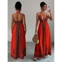 Printed V-neck Backless Long Slip Dress