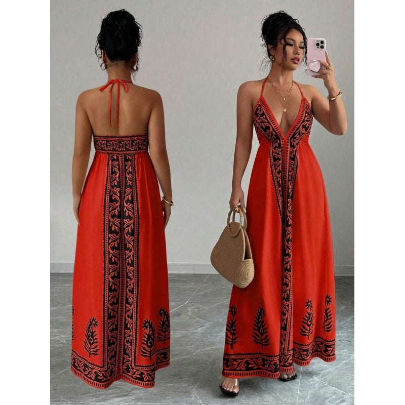 Printed V-neck Backless Long Slip Dress