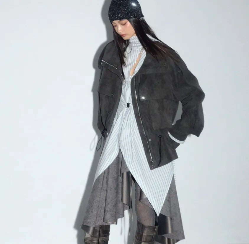 PU Leather Utility Jacket With Pockets Drawstring And A Lambswool Lining