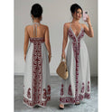 Printed V-neck Backless Long Slip Dress