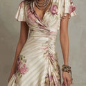 Printed V-neck Defined Waistline Ruffled Hem Dress