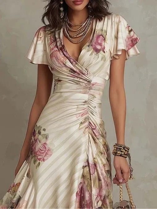 Printed V-neck Defined Waistline Ruffled Hem Dress