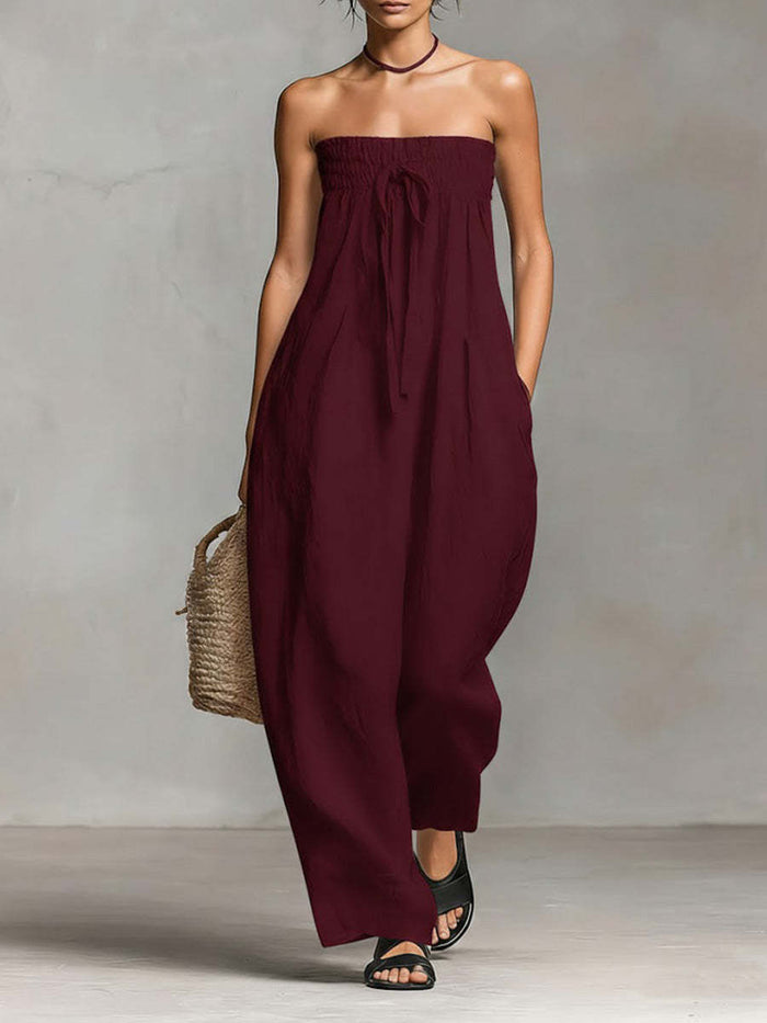 2026 Spring European American Women Strapless Smocked Bodice Jumpsuit, TieDetail Casual Playsuit