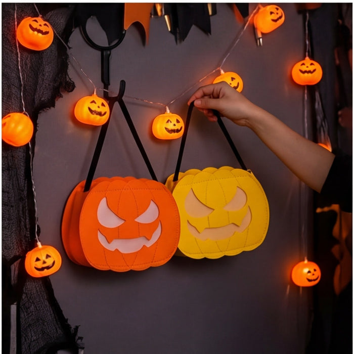 Set Of 2 Halloween Felt Candy Bags - Yellow And Orange Candy Bags, “Trick-or-Treat” Party Supplies Set