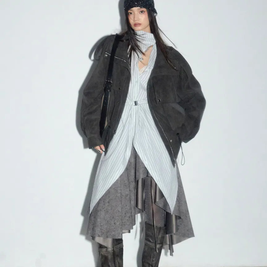 PU Leather Utility Jacket With Pockets Drawstring And A Lambswool Lining