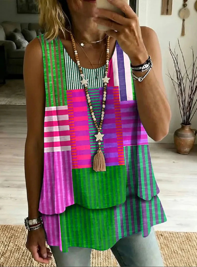 Printed Geometric Casual Sleeveless Crew-Neck Womens T-Shirt