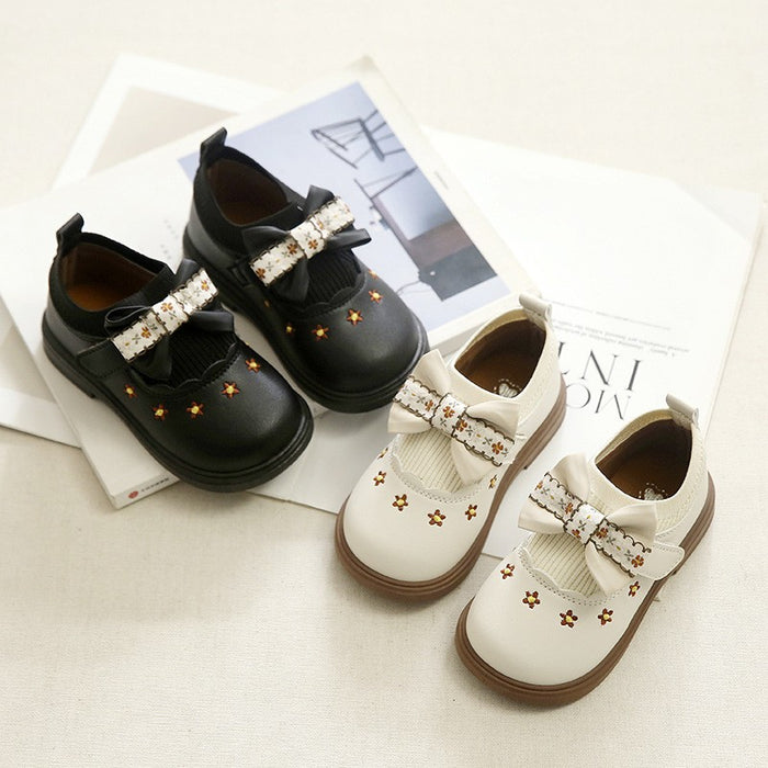 Girls Bow Flat Shoes, Pastoral Style Leather Shoes, 2025 Summer Style, Little & Big Kids, Princess Versatile Casual Shoes