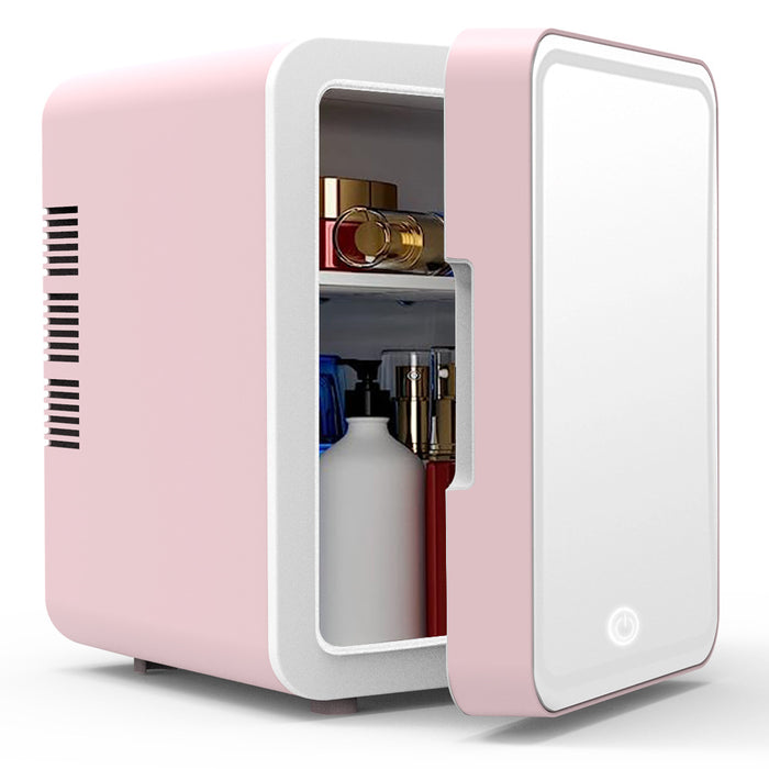 Mini Beauty Skincare Refrigerator with LED Mirror | Pink ABS Cosmetic Fridge 180×240×250mm — USB & Car Powered