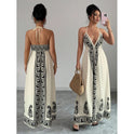 Printed V-neck Backless Long Slip Dress