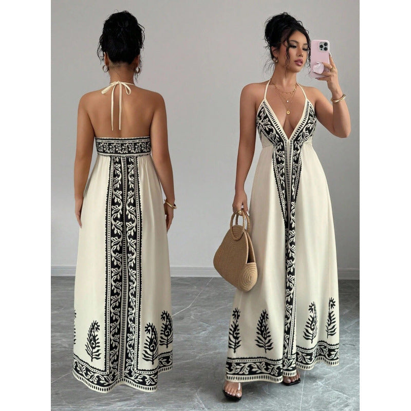 Printed V-neck Backless Long Slip Dress