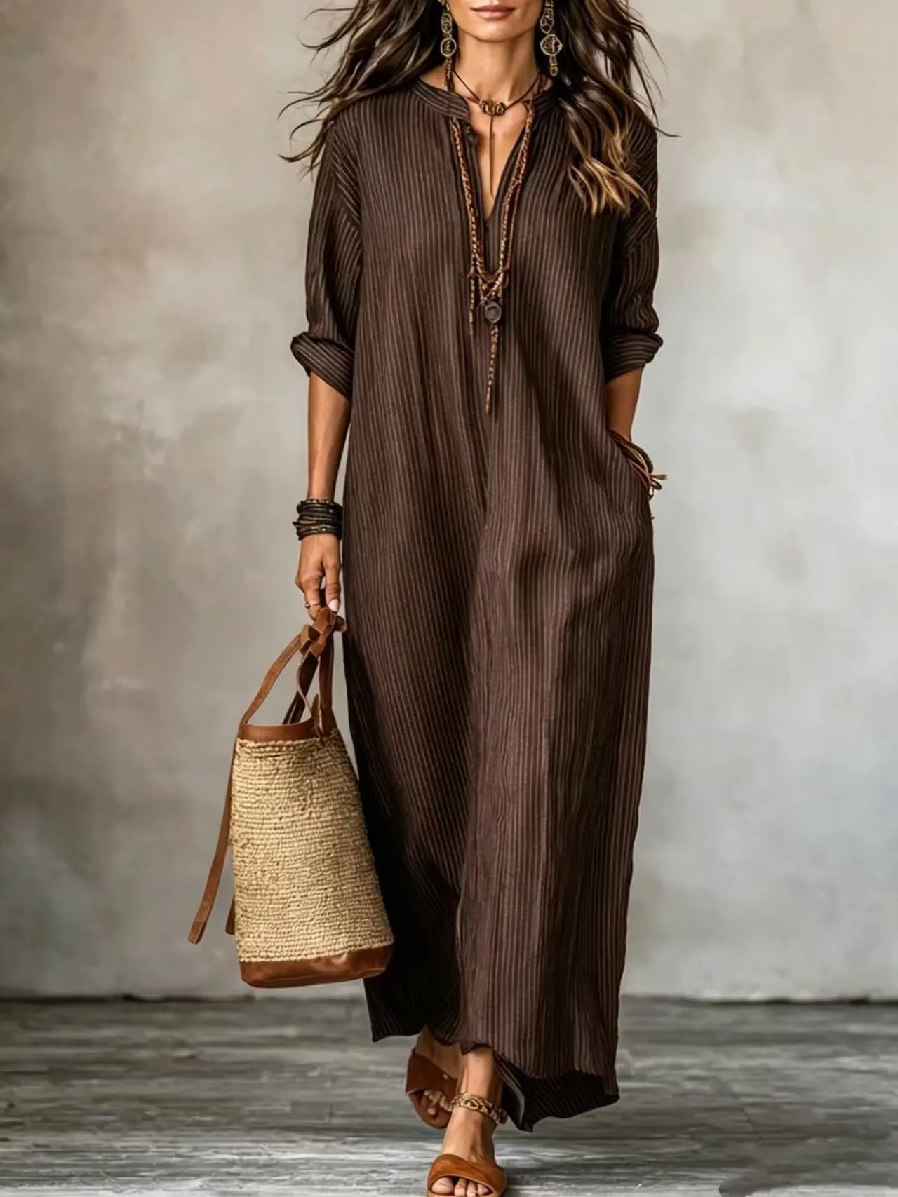 Fashionable V-neck Striped Loose-fit Dress