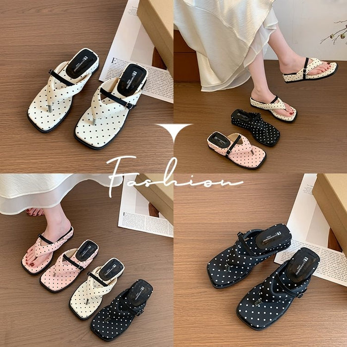 2026 Summer Polka Dot Flip Flops For Women, Versatile Casual Platform Thong Slippers, Outdoor Beach Shoes