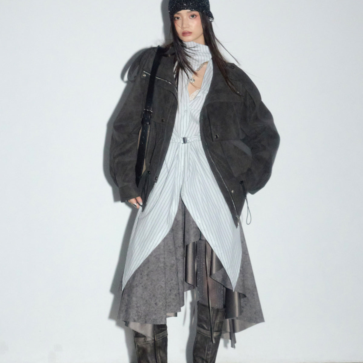 PU Leather Utility Jacket With Pockets Drawstring And A Lambswool Lining