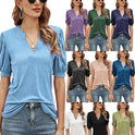 V Neck Pleated Puff Sleeve Tops